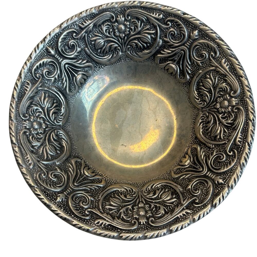 Wilton Co Pewter Bowl Floral Repousse Scroll Vintage Floral